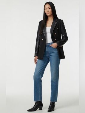 Rachel Zoe Black Double-Breasted Blazer with Leather Trim
